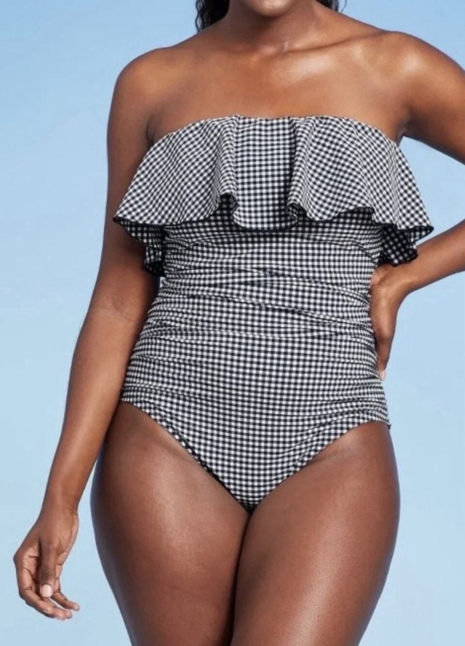 Kona Sol Navy and White Gingham Ruffle Bandeau One-Piece Swimsuit
